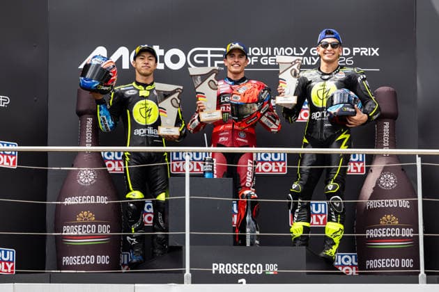 GER, Großer Preis von Deutschland, MotoGP. 11. Lauf, FIM Motorrad-Weltmeisterschaft. 12.07.2026, Sachsenring, Hohenstein-Ernstthal, GER, Großer Preis von Deutschland, MotoGP. 11. Lauf, FIM Motorrad-Weltmeisterschaft. Podium: Sieger 93, Marc Marquez, Ducati Lenovo Team, 2. Platz 79, Ai Ogura, SuperFile Trackhouse MotoGP Team, 3. Platz 25, Raul Fernandez, SuperFile Trackhouse MotoGP Team Â Foto: Alexander Trienitz Hohenstein-Ernstthal Sachsenring Sachsen Deutschland *** GER, German Grand Prix, MotoGP Round 11, FIM Motorcycle World Championship, July 12, 2026, Sachsenring, Hohenstein Ernstthal, GER, German Grand Prix, MotoGP Round 11, FIM Motorcycle World Championship Podium Winners 93, Marc Marquez, Ducati Lenovo Team, 2nd place 79, Ai Ogura, SuperFile Trackhouse MotoGP Team, 3rd place 25, Raul Fernandez, SuperFile Trackhouse MotoGP Team. Photo by Alexander Trienitz, Hohenstein Ernstthal, Sachsenring, Saxony, Germany