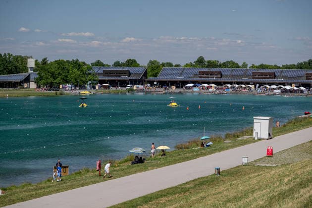 Der Zielbereich der Olympia-Ruderregattastrecke GER, Drachenboot - Europameisterschaften Muenchen - Oberschleissheim, 12.07.2026 Foto: HMB Media Heike Feiner *** The finish area of the GER Olympic rowing course, European Dragon Boat Championships, Munich-Oberschleissheim, July 12, 2026. Photo: HMB Media, Heike Feiner Copyright: HMBxMedia HeikexFeiner