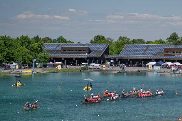 Die Boote mit den Nationalteams der Premier Woman sind bereit fuer den Start des 2000 Meter - Rennens GER, Drachenboot - Europameisterschaften Muenchen - Oberschleissheim, 12.07.2026 Foto: HMB Media Heike Feiner *** The boats carrying the Premier Woman national teams are ready for the start of the 2,000-meter race at the GER Dragon Boat European Championships in Munich-Oberschleissheim, July 12, 2026. Photo: HMB Media, Heike Feiner Copyright: HMBxMedia HeikexFeiner