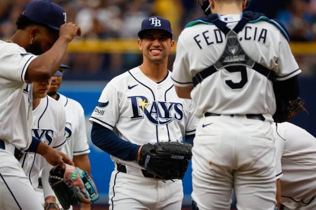 July 12, 2026, St. Petersburg, Florida, USA: Tampa Bay Rays pitcher Ian Seymour (61) reacts, while pitching coach Kyle Snyder (23) comes to the mound to visit and the Seattle Mariners wait to bat during the second inning at Tropicana Field on Sunday, July 12, 2026, in St. Petersburg. St. Petersburg USA - ZUMAs70_ 0861387015st Copyright: xJeffereexWoox