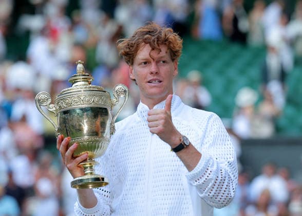 RECORD DATE NOT STATED 12th July 2026; All England Lawn Tennis and Croquet Club, London, England; Wimbledon Tennis Tournament, Final Day; Jannik Sinner (ITA) celebrates lifting the Gentlemens Singles Trophy for the 2nd time back to back after defeating Alexander Zverev (GER) JohnxPatrickxFletcher
