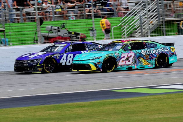 HAMPTON, GA - JULY 12: 23 Bubba Wallace, 23XI Racing, Columbia PFG Academy Sports Toyota Camry and 48 Alex Bowman, Hendrick Motorsports, Ally Chevrolet Camaro battle along the frontstretch during the NASCAR, Motorsport, USA Cup Series Quaker State 400 race on July 12, 2026 at EchoPark Speedway in Hampton, Georgia. (Photo by David J. Griffin Icon Sportswire) AUTO: JUL 12 NASCAR Cup Series Quaker State 400 EDITORIAL USE ONLY Icon9532607121379