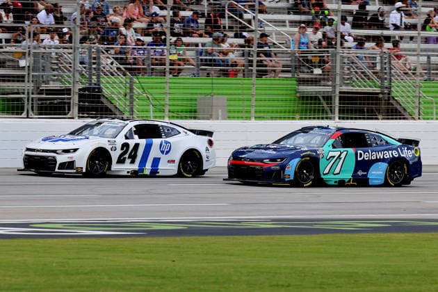 HAMPTON, GA - JULY 12: 71 Michael McDowell, Spire Motorsports, Delaware Life Chevrolet Camaro follows 24 William Byron, Hendrick Motorsports, HP Chevrolet Camaro during the NASCAR, Motorsport, USA Cup Series Quaker State 400 race on July 12, 2026 at EchoPark Speedway in Hampton, Georgia. (Photo by David J. Griffin Icon Sportswire) AUTO: JUL 12 NASCAR Cup Series Quaker State 400 EDITORIAL USE ONLY Icon9532607121481