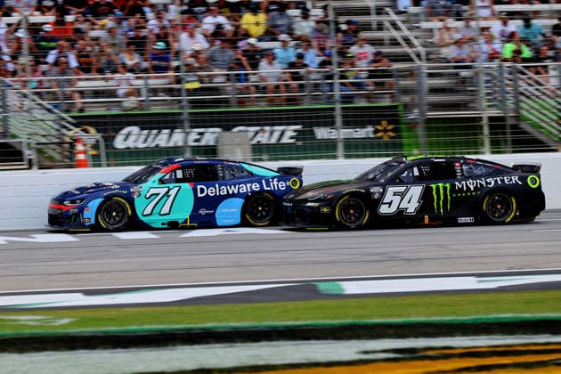 HAMPTON, GA - JULY 12: 71 Michael McDowell, Spire Motorsports, Delaware Life Chevrolet Camaro and 54 Ty Gibbs, Joe Gibbs Racing, Monster Energy Toyota Camry during the NASCAR, Motorsport, USA Cup Series Quaker State 400 race on July 12, 2026 at EchoPark Speedway in Hampton, Georgia. (Photo by David J. Griffin Icon Sportswire) AUTO: JUL 12 NASCAR Cup Series Quaker State 400 EDITORIAL USE ONLY Icon9532607121590