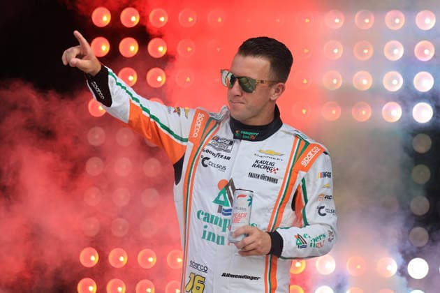 ATLANTA, GA - JULY 12: AJ Allmendinger ( 16 Kaulig Racing Campers Inn RV Chevrolet) waves to the crowd during driver introductions prior to the running of the NASCAR, Motorsport, USA Cup Series Quaker State 400 on July 12, 2026 at EchoPark Speedway in Hampton, GA. (Photo by Jeff Robinson Icon Sportswire) AUTO: JUL 12 NASCAR Cup Series Quaker State 400 EDITORIAL USE ONLY Icon26071211931400