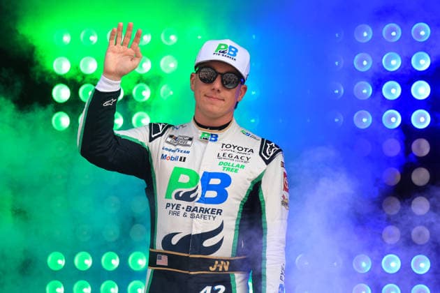 ATLANTA, GA - JULY 12: John Hunter Nemecheck ( 42 Legacy Motor Club Pye Barker Fire & Safety Toyota) waves to the crowd during driver introductions prior to the running of the NASCAR, Motorsport, USA Cup Series Quaker State 400 on July 12, 2026 at EchoPark Speedway in Hampton, GA. (Photo by Jeff Robinson Icon Sportswire) AUTO: JUL 12 NASCAR Cup Series Quaker State 400 EDITORIAL USE ONLY Icon26071212000400
