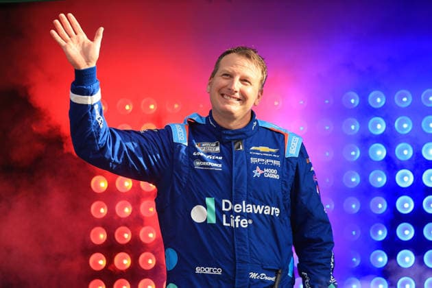 ATLANTA, GA - JULY 12: Michael McDowell ( 71 Spire Motorsports Delaware Life Chevrolet) waves to the crowd during driver introductions prior to the running of the NASCAR, Motorsport, USA Cup Series Quaker State 400 on July 12, 2026 at EchoPark Speedway in Hampton, GA. (Photo by Jeff Robinson Icon Sportswire) AUTO: JUL 12 NASCAR Cup Series Quaker State 400 EDITORIAL USE ONLY Icon26071212194400