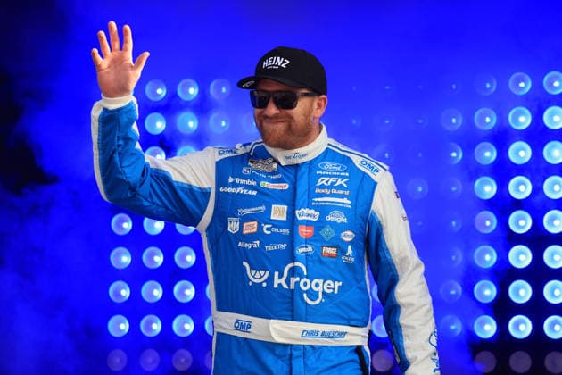 ATLANTA, GA - JULY 12: Chris Buescher ( 17 RFK Racing Kroger Heinz Ketchup Artesan Brioche Buns Ford) waves to the crowd during driver introductions prior to the running of the NASCAR, Motorsport, USA Cup Series Quaker State 400 on July 12, 2026 at EchoPark Speedway in Hampton, GA. (Photo by Jeff Robinson Icon Sportswire) AUTO: JUL 12 NASCAR Cup Series Quaker State 400 EDITORIAL USE ONLY Icon26071212366400