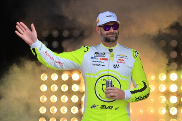 ATLANTA, GA - JULY 12: Shane Van Gisbergen ( 97 TrackHouse Racing Super File Chevrolet) waves to the crowd during driver introductions prior to the running of the NASCAR, Motorsport, USA Cup Series Quaker State 400 on July 12, 2026 at EchoPark Speedway in Hampton, GA. (Photo by Jeff Robinson Icon Sportswire) AUTO: JUL 12 NASCAR Cup Series Quaker State 400 EDITORIAL USE ONLY Icon26071212390400