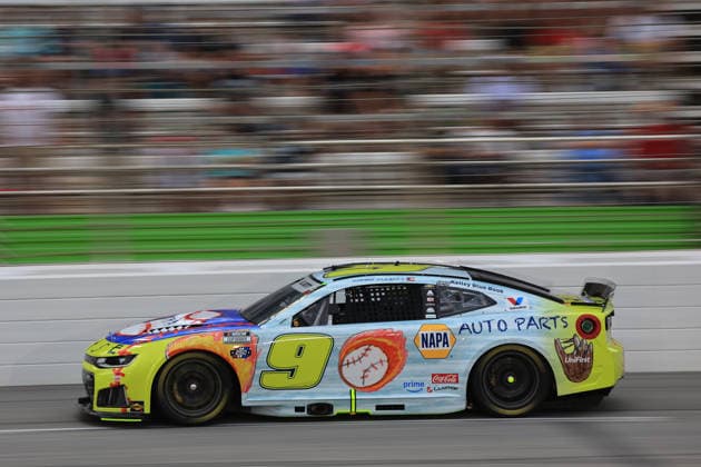 ATLANTA, GA - JULY 12: Chase Elliott ( 9 Hendrick Motorsports NAPA Auto Parts CHOA Chevrolet) races into the tri-oval during the running of the NASCAR, Motorsport, USA Cup Series Quaker State 400 on July 12, 2026 at EchoPark Speedway in Hampton, GA. (Photo by Jeff Robinson Icon Sportswire) AUTO: JUL 12 NASCAR Cup Series Quaker State 400 EDITORIAL USE ONLY Icon26071213364400