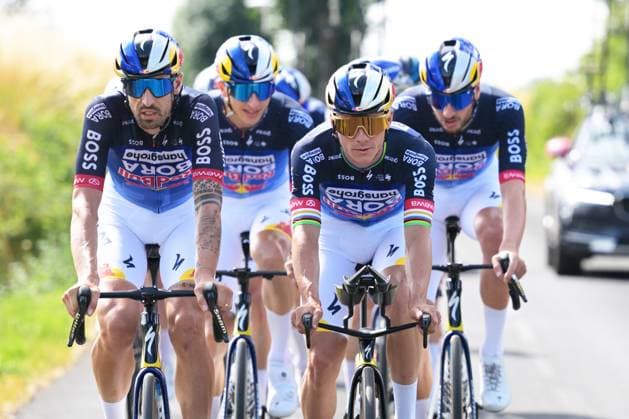 German Nico Denz of Red Bull-BORA-hansgrohe and Belgian Remco Evenepoel of Red Bull-BORA-hansgrohe pictured during a training on the first rest day at the 2026 Tour de France cycling race, a stage of 185km from Malemort to Ussel, on Monday 13 July 2026. The 113th edition of the Tour de France starts on Saturday 4 July in Barcelona, Spain, and will finish in Paris, France on the 26th of July. DAVIDxPINTENS  x181051144x