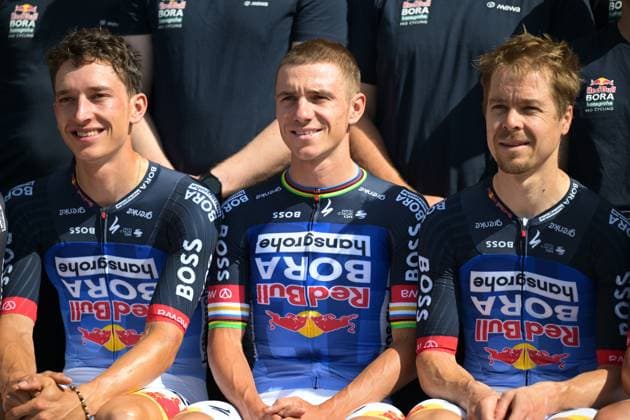 German Florian Lipowitz of Red Bull-BORA-hansgrohe, Belgian Remco Evenepoel of Red Bull-BORA-hansgrohe and Slovenian Jan Tratnik of Red Bull-BORA-hansgrohe pose for a family portrait ahead of a training on the first rest day at the 2026 Tour de France cycling race, a stage of 185km from Malemort to Ussel, on Monday 13 July 2026. The 113th edition of the Tour de France starts on Saturday 4 July in Barcelona, Spain, and will finish in Paris, France on the 26th of July. DAVIDxPINTENS  x181051671x