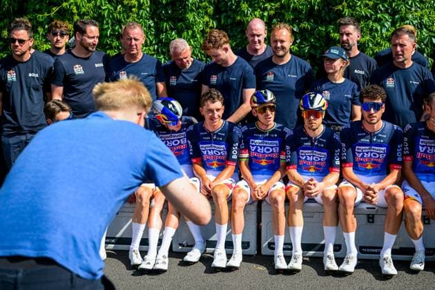 Belgian Maxim Van Gils of Red Bull-BORA-hansgrohe, German Florian Lipowitz of Red Bull-BORA-hansgrohe, Belgian Remco Evenepoel of Red Bull-BORA-hansgrohe and Slovenian Jan Tratnik of Red Bull-BORA-hansgrohe poses for the photographer during a training on the first rest day at the 2026 Tour de France cycling race, a stage of 185km from Malemort to Ussel, on Monday 13 July 2026. The 113th edition of the Tour de France starts on Saturday 4 July in Barcelona, Spain, and will finish in Paris, France on the 26th of July. DAVIDxPINTENS  x181052045x