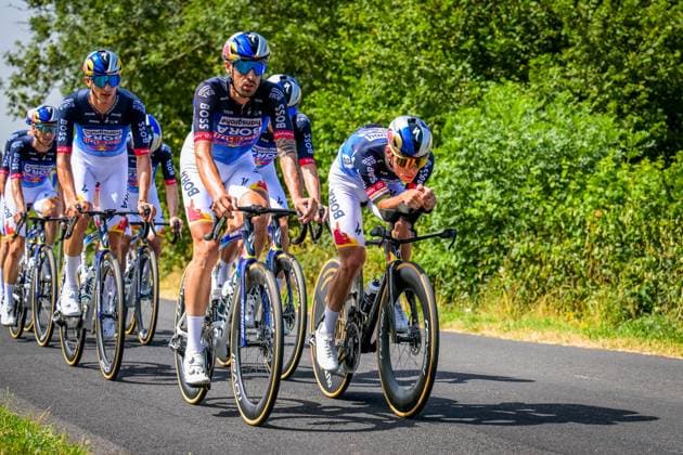 Italian Mattia Cattaneo of Red Bull-BORA-hansgrohe and Belgian Remco Evenepoel of Red Bull-BORA-hansgrohe pictured in action during a training on the first rest day at the 2026 Tour de France cycling race, a stage of 185km from Malemort to Ussel, on Monday 13 July 2026. The 113th edition of the Tour de France starts on Saturday 4 July in Barcelona, Spain, and will finish in Paris, France on the 26th of July. DAVIDxPINTENS  x181052385x