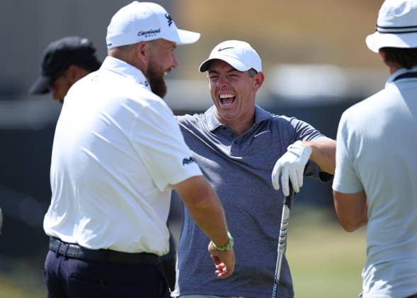 154th Open Golf Championships - Practice Day Rory McIlroy of Northern Ireland (C) and Shane Lowry of Ireland (L) on the driving range during practice day at the British Open Golf Championships at Royal Birkdale in Southport, Britain, 13 July 2026. SOUTHPORT UNITED KINGDOM  Copyright: xADAMxVAUGHANx