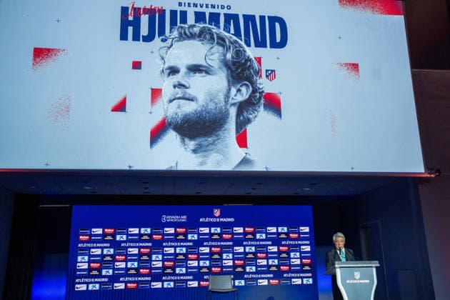 Atletico de Madrid s new player Morten Hjulmand. Atletico de Madrid s President Enrique Cerezo. July 13, 2026. (ALTERPHOTOS Acero) MadridSpain  Copyright: xAcerox