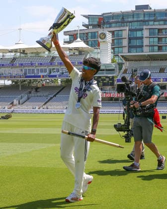 LONDON, ENGLAND - JULY 13: Player of the match Kranti Gaud of India lifts the trophy during day 4 of the Rothesay Test Match between England and India at Lord s Cricket Ground on July 13, 2026 in London, England.  Copyright: xJayxPatel SPPx Sportspressphoto_SPR190274