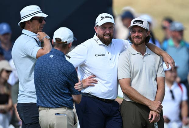 Shane Lowry (IRE) and Tommy Fleetwood (ENG) embrace on the Putting Green 154th Open Golf Championships, Royal Birkdale, Southport, UK - 13 Jul 2026Southport Royal Birkdale United Kingdom  Copyright: xGreigxCowie Shutterstockx 16988288cg