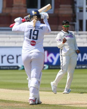 LONDON, ENGLAND - JULY 13: Deepti Sharma of India celebrates wicket of Sophie Ecclestone of England before reversed via DRS review during day 4 of the Rothesay Test Match between England and India at Lord s Cricket Ground on July 13, 2026 in London, England.  Copyright: xJayxPatel SPPx Sportspressphoto_SPR190321