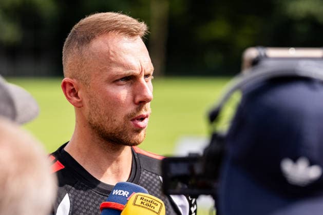 COLOGNE, GERMANY - JULY 13: Marvin Schwaebe (Schwäbe, Schwabe, 1. FC Koeln, 1) during a media session during the first training session of season 2026 27 at Geissbockheim on July 13, 2026 in Cologne, Germany. North Rhine Westphalia Germany Copyright: xSteffiexWunderlx