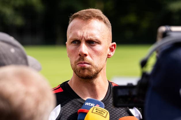 COLOGNE, GERMANY - JULY 13: Marvin Schwaebe (Schwäbe, Schwabe, 1. FC Koeln, 1) during a media session during the first training session of season 2026 27 at Geissbockheim on July 13, 2026 in Cologne, Germany. North Rhine Westphalia Germany Copyright: xSteffiexWunderlx