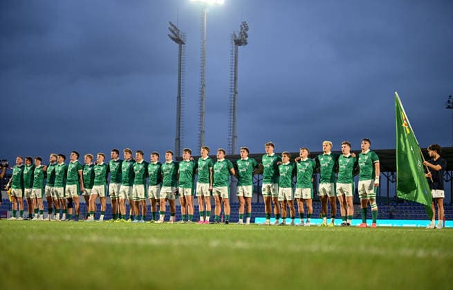 2026 World Rugby Junior World Championship, WM, Weltmeisterschaft 9th Place Play-off Semi-Final, AIA Stadium, Kutaisi, Georgia 13 7 2026 Ireland U20 vs Fiji U20 The Ireland team during the anthems The Ireland team during the anthems 13 7 2026  Copyright: xx LZ9_2375