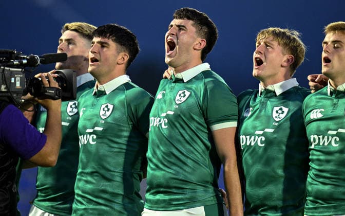 2026 World Rugby Junior World Championship, WM, Weltmeisterschaft 9th Place Play-off Semi-Final, AIA Stadium, Kutaisi, Georgia 13 7 2026 Ireland U20 vs Fiji U20 The Ireland team during the anthems The Ireland team during the anthems 13 7 2026  Copyright: xx Z99_0997