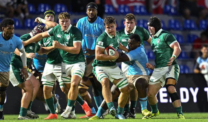 2026 World Rugby Junior World Championship, WM, Weltmeisterschaft 9th Place Play-off Semi-Final, AIA Stadium, Kutaisi, Georgia 13 7 2026 Ireland U20 vs Fiji U20 Ireland™s Alex Lautsou on the attack Alex Lautsou on the attack 13 7 2026  Copyright: xx Z99_1219