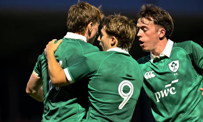 2026 World Rugby Junior World Championship, WM, Weltmeisterschaft 9th Place Play-off Semi-Final, AIA Stadium, Kutaisi, Georgia 13 7 2026 Ireland U20 vs Fiji U20 Ireland™s Daniel Ryan celebrates scoring a try with Christopher Barrett Daniel Ryan celebrates scoring a try with Christopher Barrett 13 7 2026  Copyright: xx Z99_1276