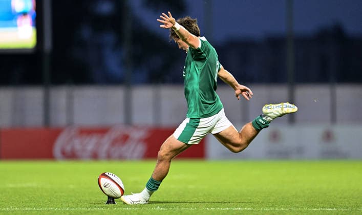 2026 World Rugby Junior World Championship, WM, Weltmeisterschaft 9th Place Play-off Semi-Final, AIA Stadium, Kutaisi, Georgia 13 7 2026 Ireland U20 vs Fiji U20 Ireland™s Daniel Green kicks a conversion Daniel Green kicks a conversion 13 7 2026  Copyright: xx Z99_1298
