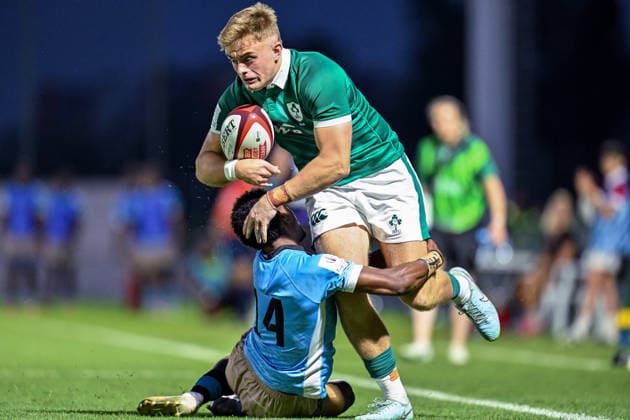2026 World Rugby Junior World Championship, WM, Weltmeisterschaft 9th Place Play-off Semi-Final, AIA Stadium, Kutaisi, Georgia 13 7 2026 Ireland U20 vs Fiji U20 Ireland™s Harry Waters tackled by Apete Gauna Rokosuka of Fiji Harry Waters tackled by Apete Gauna Rokosuka 13 7 2026  Copyright: xx Z99_1376