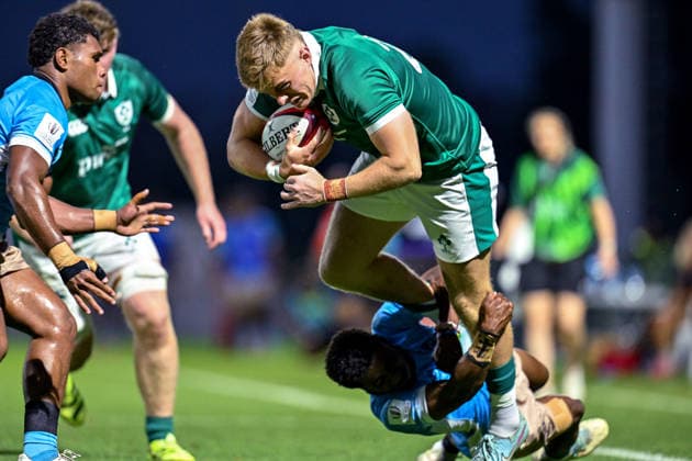 2026 World Rugby Junior World Championship, WM, Weltmeisterschaft 9th Place Play-off Semi-Final, AIA Stadium, Kutaisi, Georgia 13 7 2026 Ireland U20 vs Fiji U20 Ireland™s Harry Waters tackled by Apete Gauna Rokosuka of Fiji Harry Waters tackled by Apete Gauna Rokosuka 13 7 2026  Copyright: xx Z99_1382