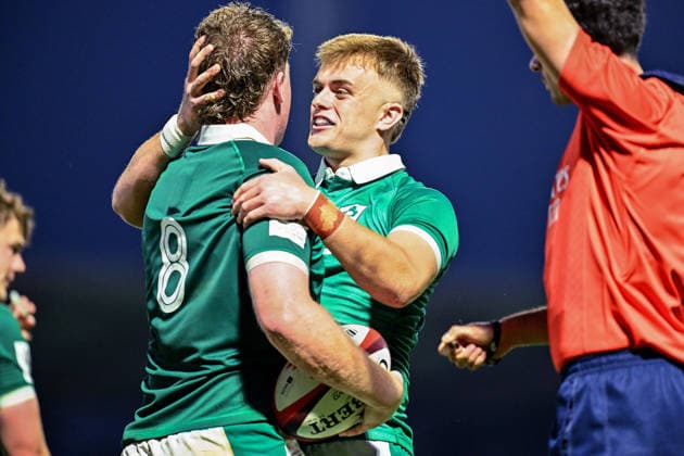 2026 World Rugby Junior World Championship, WM, Weltmeisterschaft 9th Place Play-off Semi-Final, AIA Stadium, Kutaisi, Georgia 13 7 2026 Ireland U20 vs Fiji U20 Ireland™s Diarmaid O Connell celebrates scoring a try with Harry Waters Diarmaid O Connell celebrates scoring a try with Harry Waters 13 7 2026  Copyright: xx Z99_1431