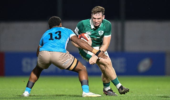 2026 World Rugby Junior World Championship, WM, Weltmeisterschaft 9th Place Play-off Semi-Final, AIA Stadium, Kutaisi, Georgia 13 7 2026 Ireland U20 vs Fiji U20 Ireland™s Jack Deegan with Sailosi Vodonaivalu Taka of Fiji Jack Deegan with Sailosi Vodonaivalu Taka 13 7 2026  Copyright: xx Z99_1497