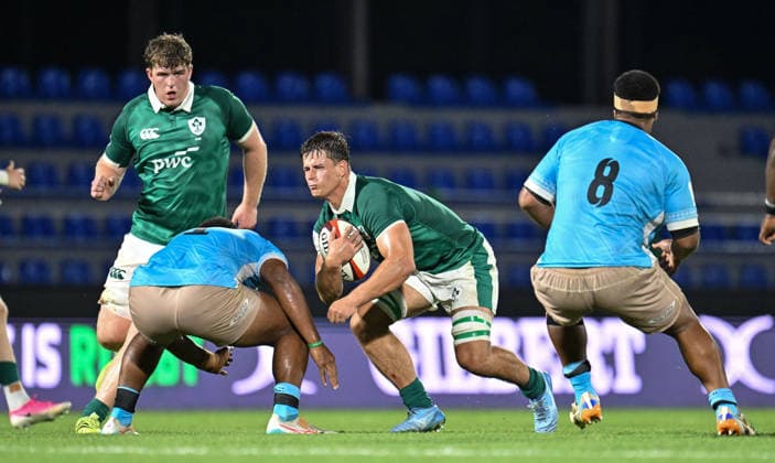 2026 World Rugby Junior World Championship, WM, Weltmeisterschaft 9th Place Play-off Semi-Final, AIA Stadium, Kutaisi, Georgia 13 7 2026 Ireland U20 vs Fiji U20 Ireland™s Alex Lautsou on the attack Alex Lautsou on the attack 13 7 2026  Copyright: xx Z99_1537