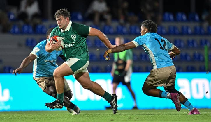 2026 World Rugby Junior World Championship, WM, Weltmeisterschaft 9th Place Play-off Semi-Final, AIA Stadium, Kutaisi, Georgia 13 7 2026 Ireland U20 vs Fiji U20 Ireland™s Max Doyle with Faimalaga Tuvalu of Fiji Max Doyle with Faimalaga Tuvalu 13 7 2026  Copyright: xx Z99_1660