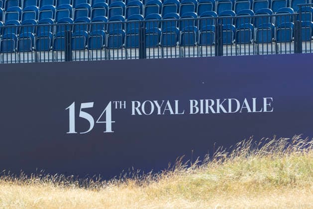 13th July 2026; Royal Birkdale Golf Club, Southport, Merseyside, England; The Open Championship Practice Day Two; the 154th Open Championship logo on a grandstand at the 18th hole DavidxBlunsden