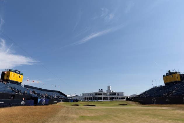 13th July 2026; Royal Birkdale Golf Club, Southport, Merseyside, England; The Open Championship Practice Day Two; a general view of the stands and clubhouse at the 18th hole DavidxBlunsden