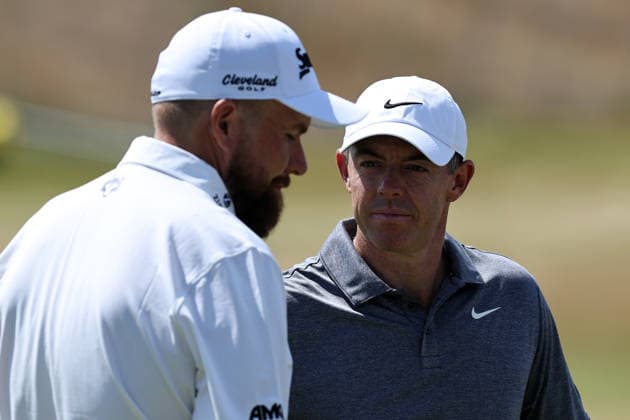 13th July 2026; Royal Birkdale Golf Club, Southport, Merseyside, England; The Open Championship Practice Day Two; Rory McIlroy (NIR) chats with Shane Lowry (IRE) DavidxBlunsden