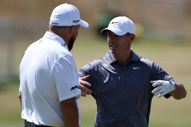 13th July 2026; Royal Birkdale Golf Club, Southport, Merseyside, England; The Open Championship Practice Day Two; Rory McIlroy (NIR) chats with Shane Lowry (IRE) DavidxBlunsden