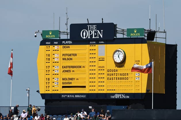 13th July 2026; Royal Birkdale Golf Club, Southport, Merseyside, England; The Open Championship Practice Day Two; the main scoreboard at the 18th hole during the Last Chance Qualifying DavidxBlunsden