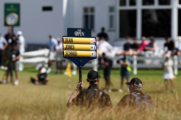 13th July 2026; Royal Birkdale Golf Club, Southport, Merseyside, England; The Open Championship Practice Day Two; A scoreboard showing Joe Dean (ENG) as the leader during the Last Chance Qualifying DavidxBlunsden