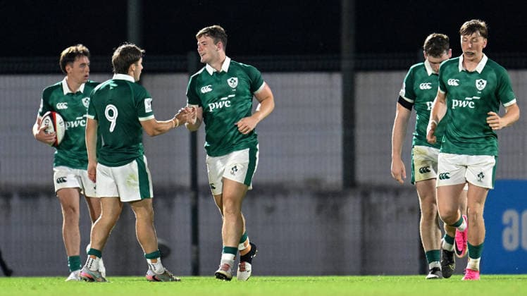 2026 World Rugby Junior World Championship, WM, Weltmeisterschaft 9th Place Play-off Semi-Final, AIA Stadium, Kutaisi, Georgia 13 7 2026 Ireland U20 vs Fiji U20 Ireland™s James O Leary celebrates scoring a try with Christopher Barrett James O Leary celebrates scoring a try with Christopher Barrett 13 7 2026  Copyright: xx Z99_1749