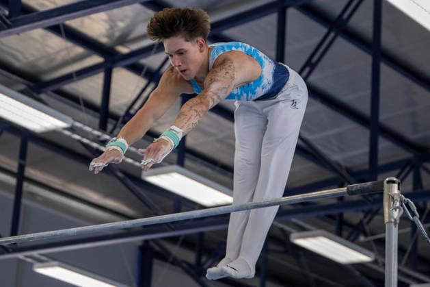 1.EM-Qualifikation Turnen Halle Saale Halle, Deutschland 13.Juli 2026: Im Bild:Maxim Kovalenko (TV Bous) Halle Saale Turnhalle im TZ Halle Saale Sachsen Anhalt Deutschland *** 1 European Championships Qualifying Round, Gymnastics, Halle Saale Gymnasium, Halle, Germany, July 13, 2026. Pictured: Maxim Kovalenko of TV Bous Halle Saale at the Halle Saale Gymnasium in TZ Halle Saale, Saxony-Anhalt, Germany