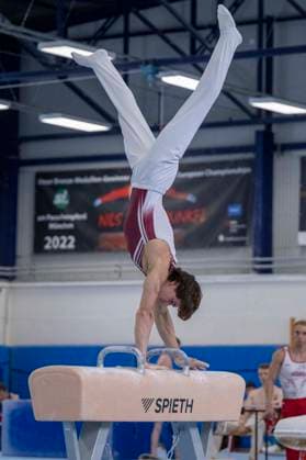 1.EM-Qualifikation Turnen Halle Saale Halle, Deutschland 13.Juli 2026: Im Bild:Alexander Kunz (TSV Pfuhl) Halle Saale Turnhalle im TZ Halle Saale Sachsen Anhalt Deutschland *** 1 European Championships Qualifying Round, Gymnastics, Halle Saale, Halle, Germany, July 13, 2026. Pictured: Alexander Kunz of TSV Pfuhl Halle Saale in the gymnasium at TZ Halle Saale, Saxony-Anhalt, Germany
