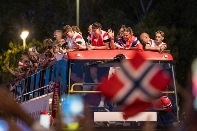 260713 Players of Norway at a team reception during day 33 of the FIFA World Cup, WM, Weltmeisterschaft, Fussball 2026 on July 13, 2026 in Oslo. Photo: Marius Nordnes BILDBYRAN COP 185 VG0993 bbeng fotball football soccer fotboll fifa world cup vm fotball-vm vm 2026 norge norway team reception *** July 13, 2026: Members of the Norwegian national team at a team reception on Day 33 of the 2026 FIFA World Cup, 2026 in Oslo. Photo by Marius Nordnes. BILDBYRAN COP 185 VG0993 bbeng soccer football fotboll FIFA World Cup World Cup 2026 Norway team reception  Copyright: MARIUSxNORDNES BB260713BB375