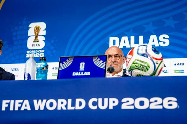 DALLAS - Spain s national coach Luis De La Fuente during the 2026 World Cup, Spain MD-1 press conference, PK, Pressekonferenz at AT&T Stadium on July 13, 2026, in Dallas, United States. (Photo by Stefan Koops EYE4IMAGES DeFodi Images) - *** DALLAS: Spain s national team coach, Luis De La Fuente, during the 2026 World Cup, Spain Match Day 1 press conference at AT&T Stadium on July 13, 2026, in Dallas, United States. Photo by Stefan Koops, EYE4IMAGES, DeFodi Images
