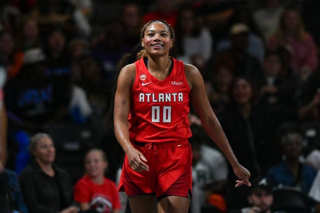 COLLEGE PARK, GA - JULY 13: Atlanta forward Naz Hillmon (00) reacts during the WNBA, Basketball Damen, USA game between the Los Angeles Sparks and the Atlanta Dream on July 13th, 2026 at Gateway Center Arena in College Park, GA. (Photo by Rich von Biberstein Icon Sportswire) WNBA: JUL 13 Los Angeles Sparks at Atlanta Dream EDITORIAL USE ONLY Icon260713004