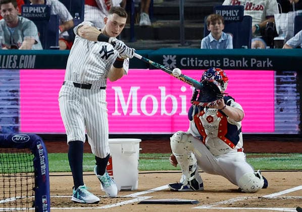 New York Yankees Ben Rice competes in the first round of the 2026 MLB, Baseball Herren, USA Home Run Derby at Citizens Bank Park in Philadelphia, Pennsylvania, on Monday, July 13, 2026.  PHI20260713921 LAURENCExKESTERSON