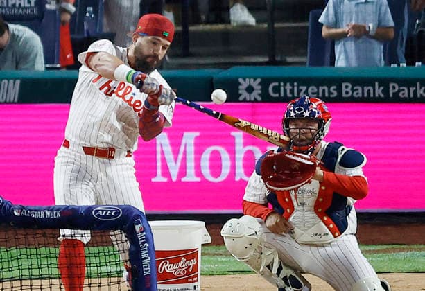 Philadelphia Phillies Kyle Schwarber competes in the first round of the 2026 MLB, Baseball Herren, USA Home Run Derby at Citizens Bank Park in Philadelphia, Pennsylvania, on Monday, July 13, 2026.  PHI20260713930 LAURENCExKESTERSON